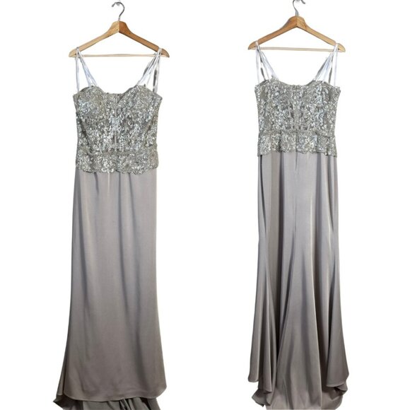 NWOT Montage by Mon Cheri Strapless Beaded Satin Gown Womens 12 Champage Sheer - Picture 1 of 15